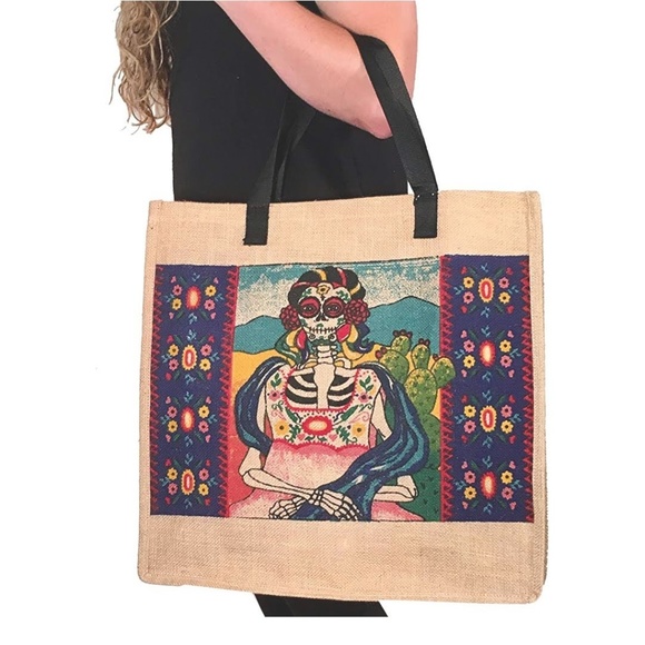 Large Sugar Skull Day of the Dead Canvas Tote - Picture 1 of 5